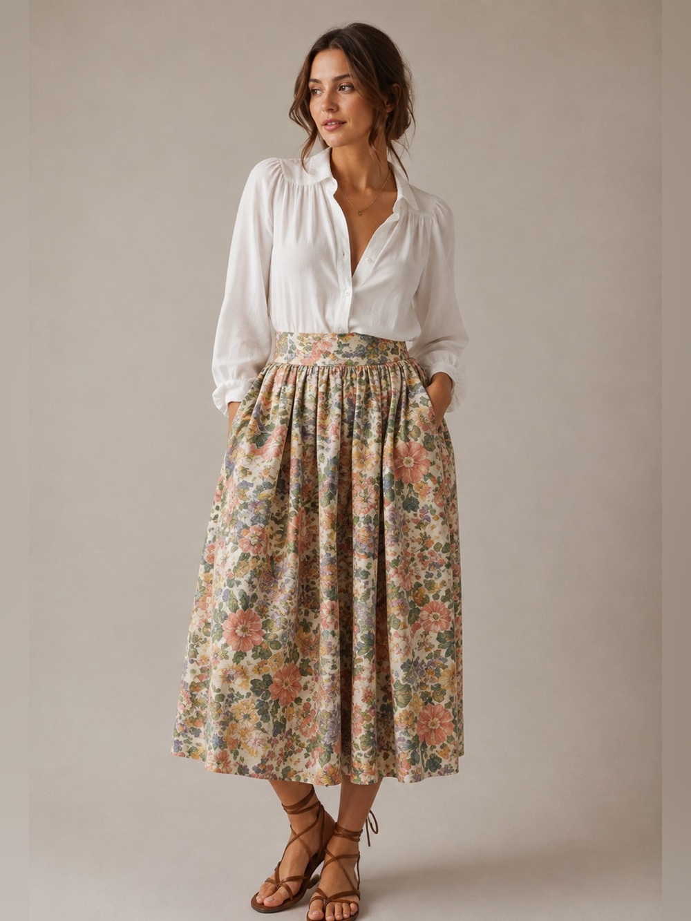 Laura Ashley | White Gathering Collar Button Down Blouse Long Sleeve, Size XL